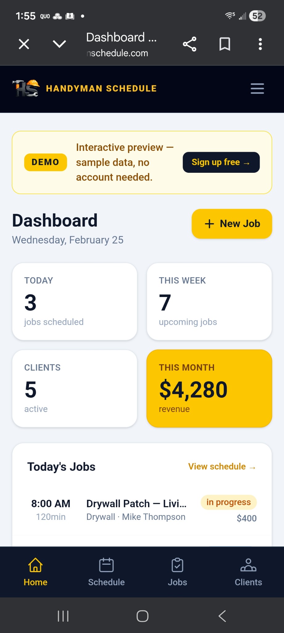 HandyMan Schedule dashboard on mobile